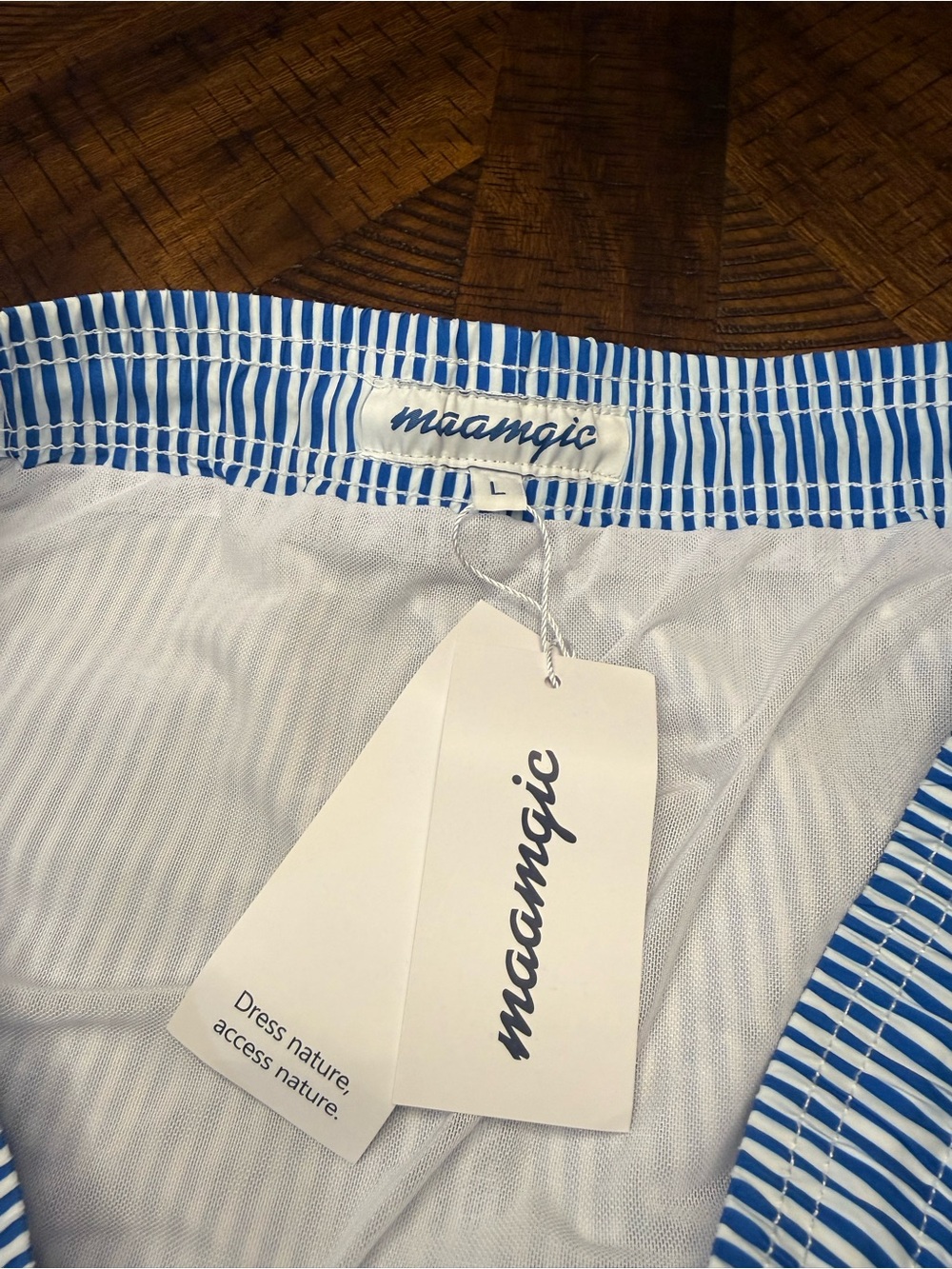 Men's Navy & White Pinstripe Swim Trunks with Drawstring Waist - Picture 8 of 9